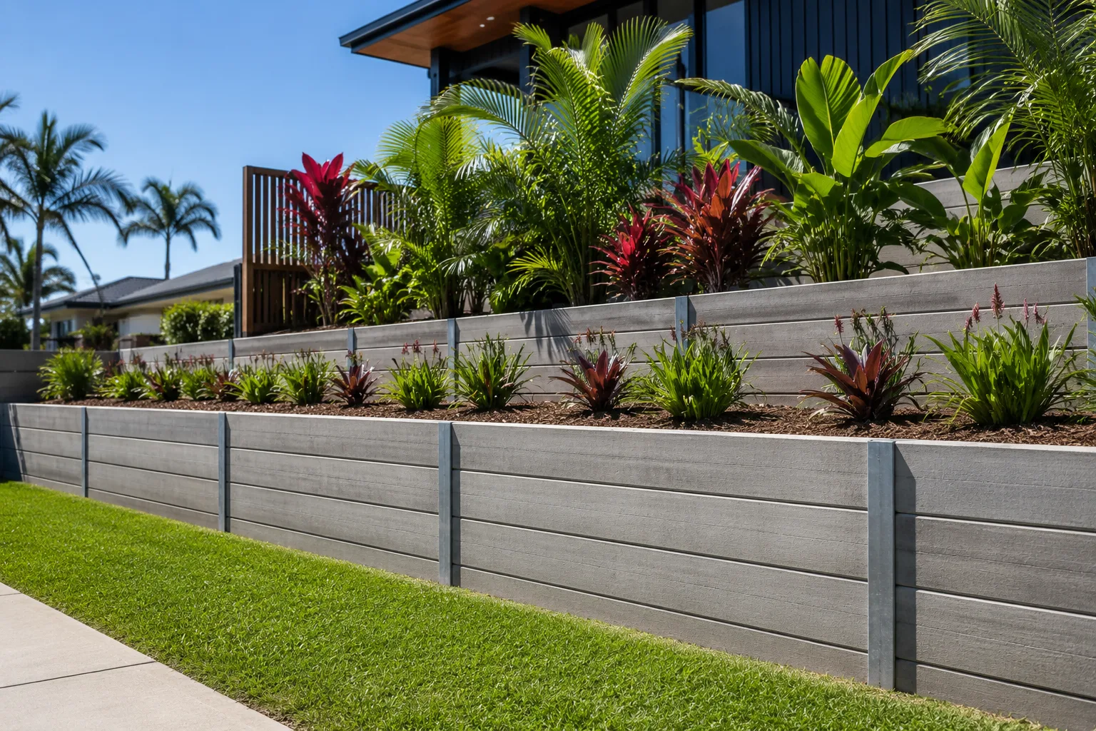 Modern grey concrete sleeper retaining wall in a tropical garden setting