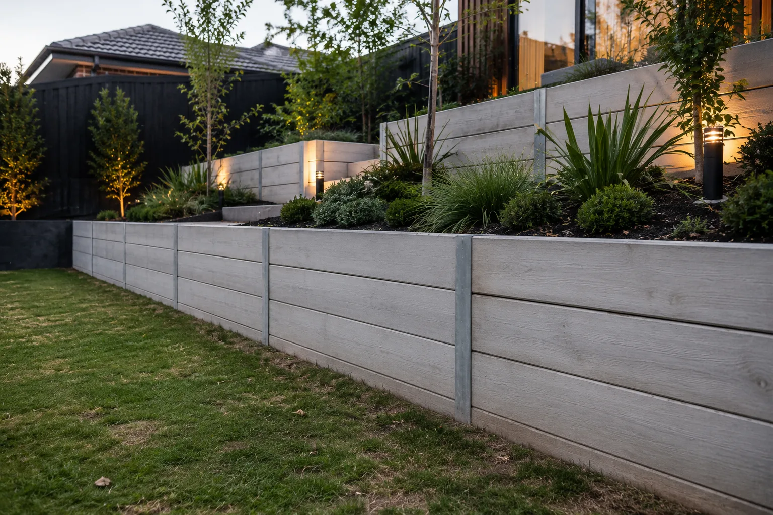 Modern grey concrete sleeper retaining wall with feature lighting in a landscaped backyard