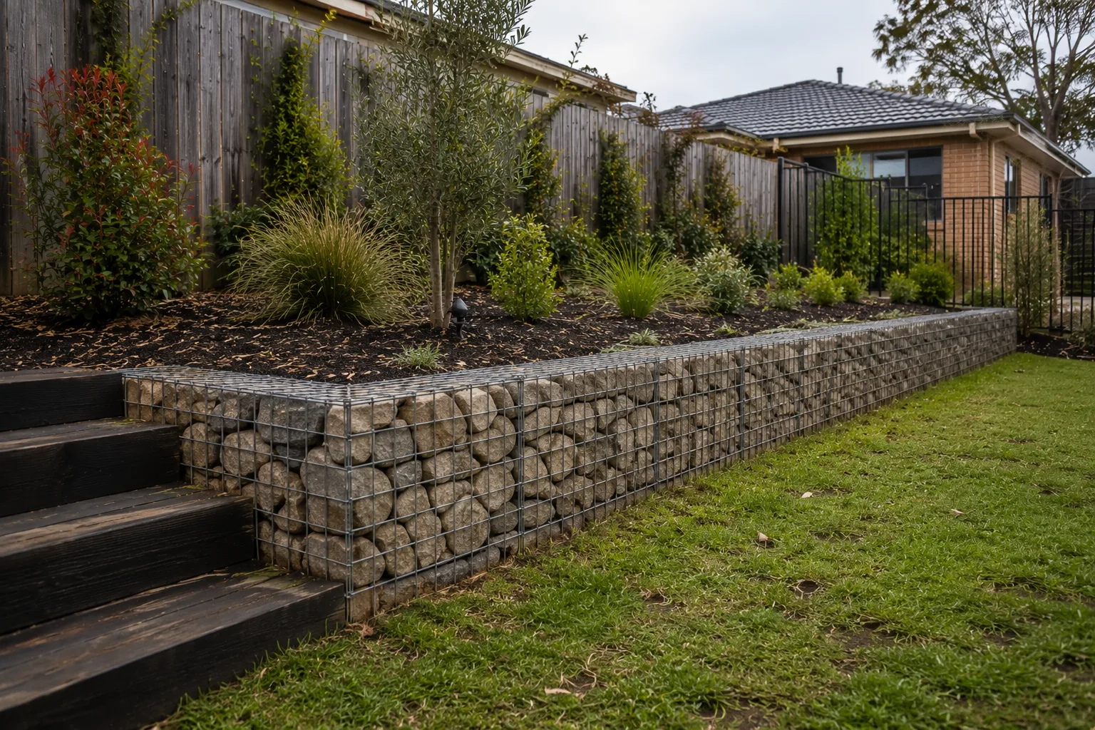 Gabion retaining wall along a backyard garden bed with timber steps