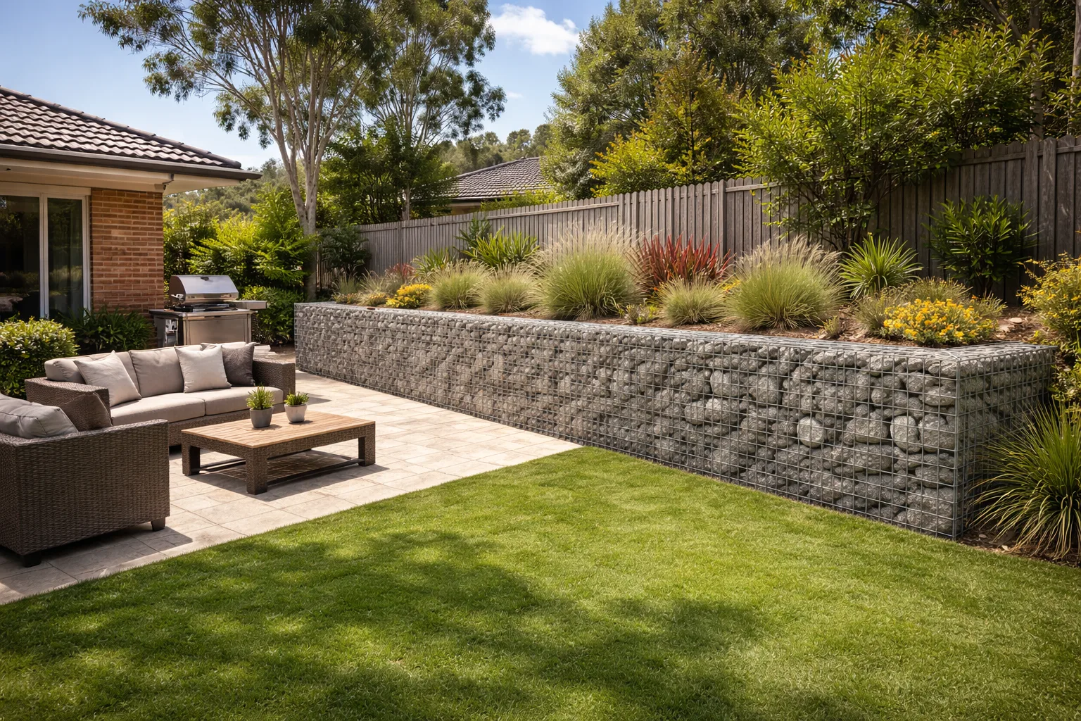 Gabion stone-filled wire basket retaining wall beside an outdoor patio setting