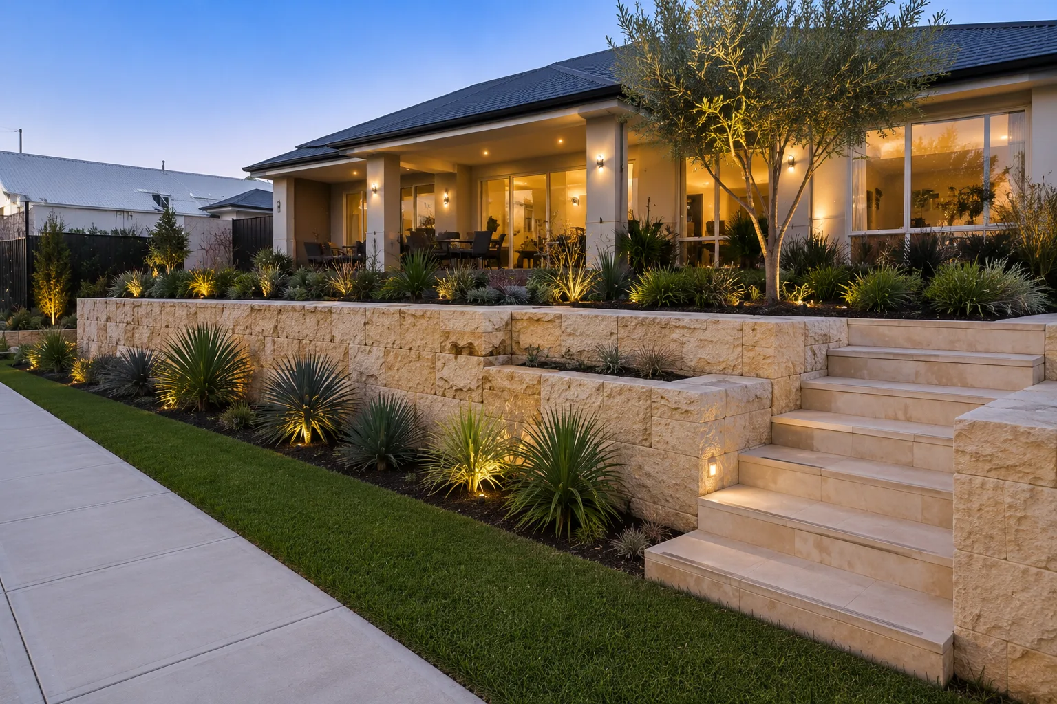 Sandstone-look block retaining wall and feature steps at dusk