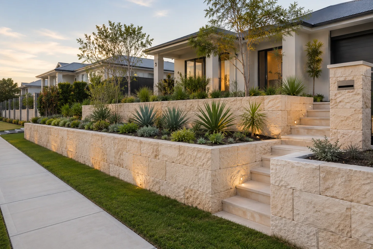 Sandstone-look block retaining wall and steps at a residential entrance