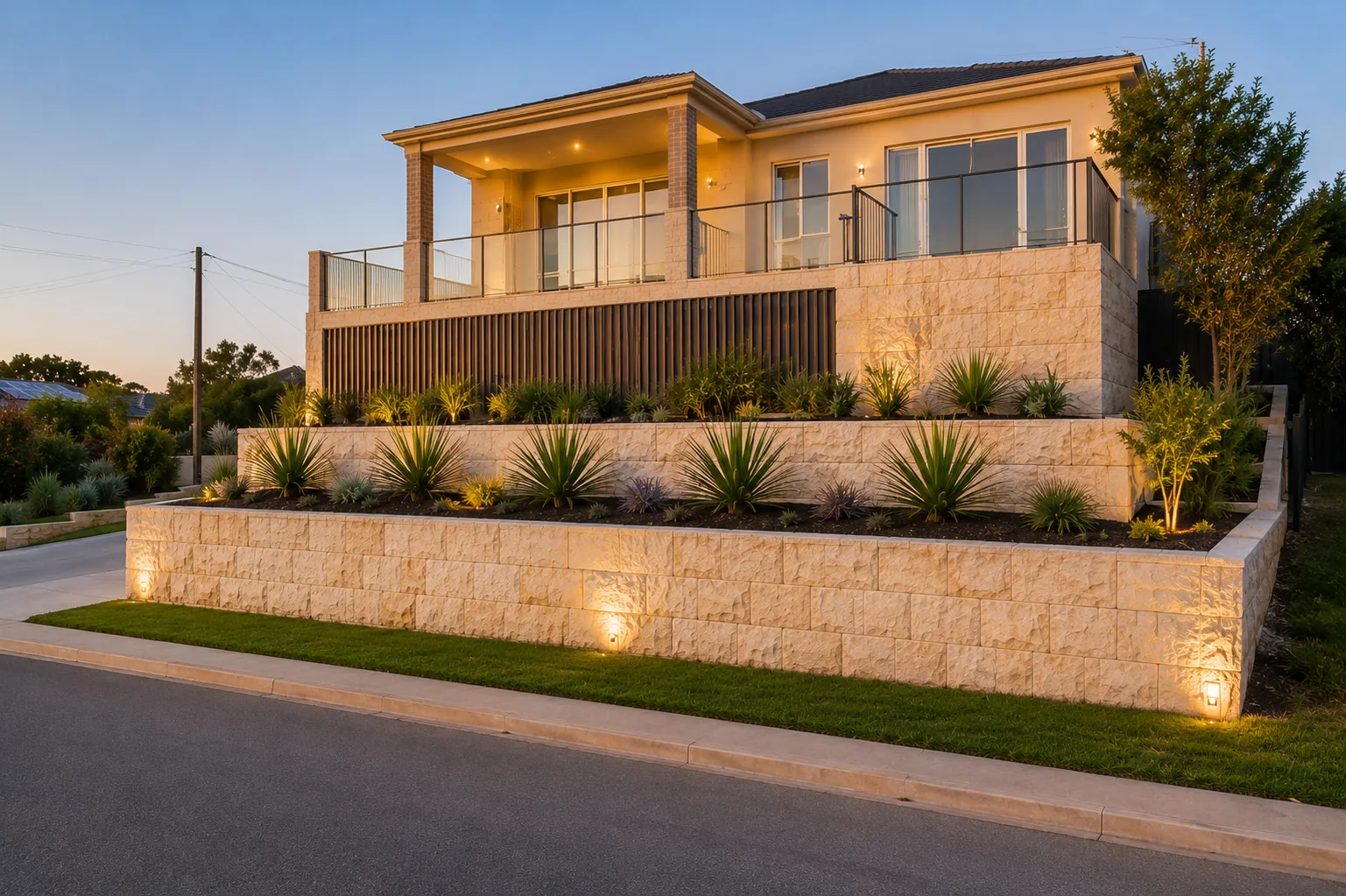 Two-storey home with a sandstone-look retaining wall feature at dusk