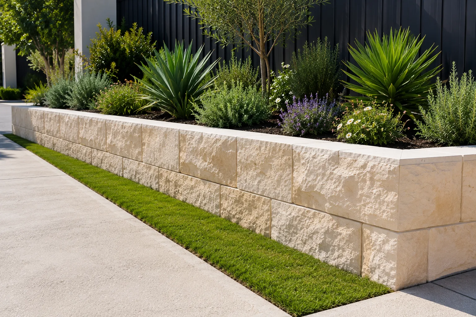 Sandstone-look retaining wall bordering a driveway with feature lighting