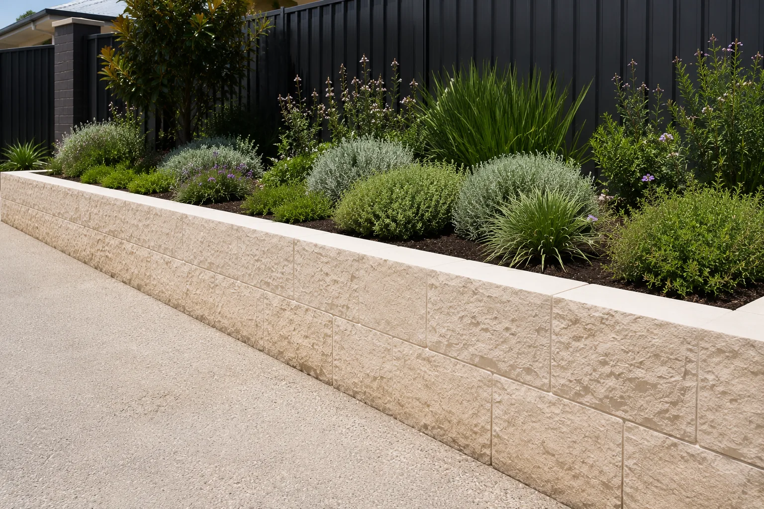 Sandstone-look retaining wall bed with native grasses and shrubs