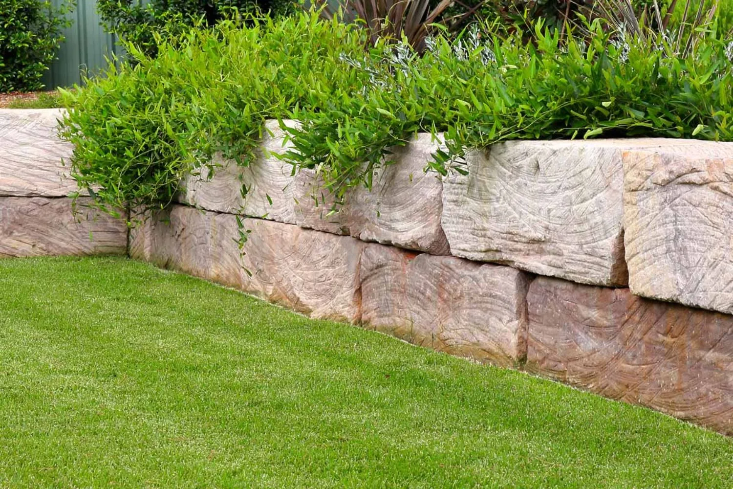 Sandstone block retaining wall bordering a tropical garden bed