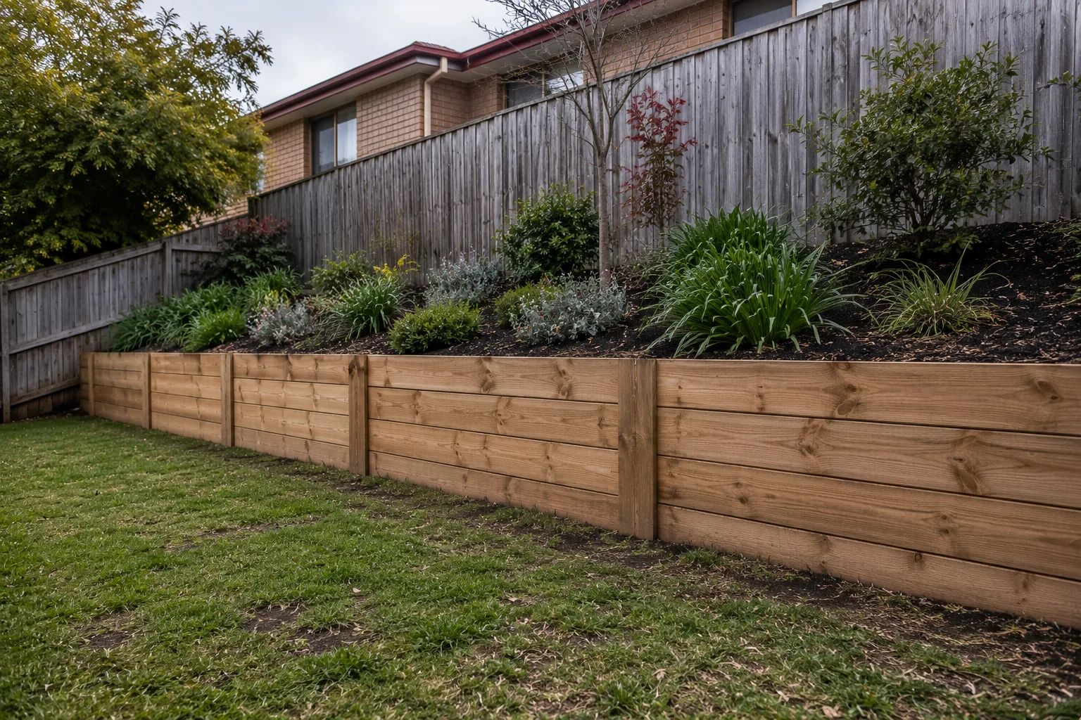 Hardwood timber retaining wall bordering a garden bed