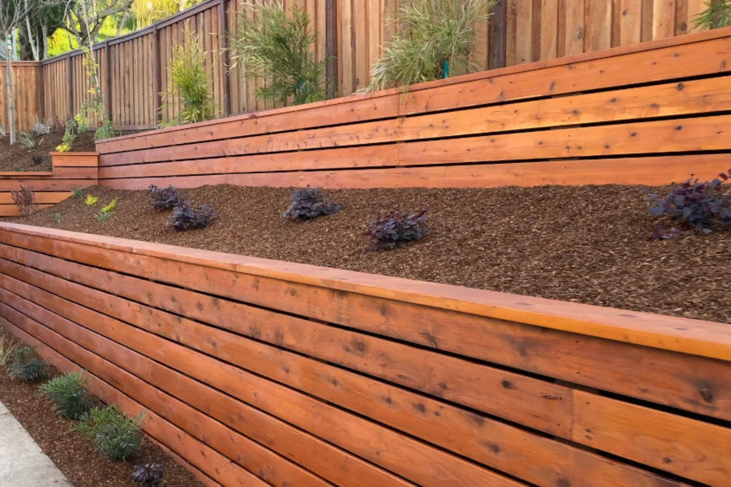 Timber retaining wall on a sloped block with established trees