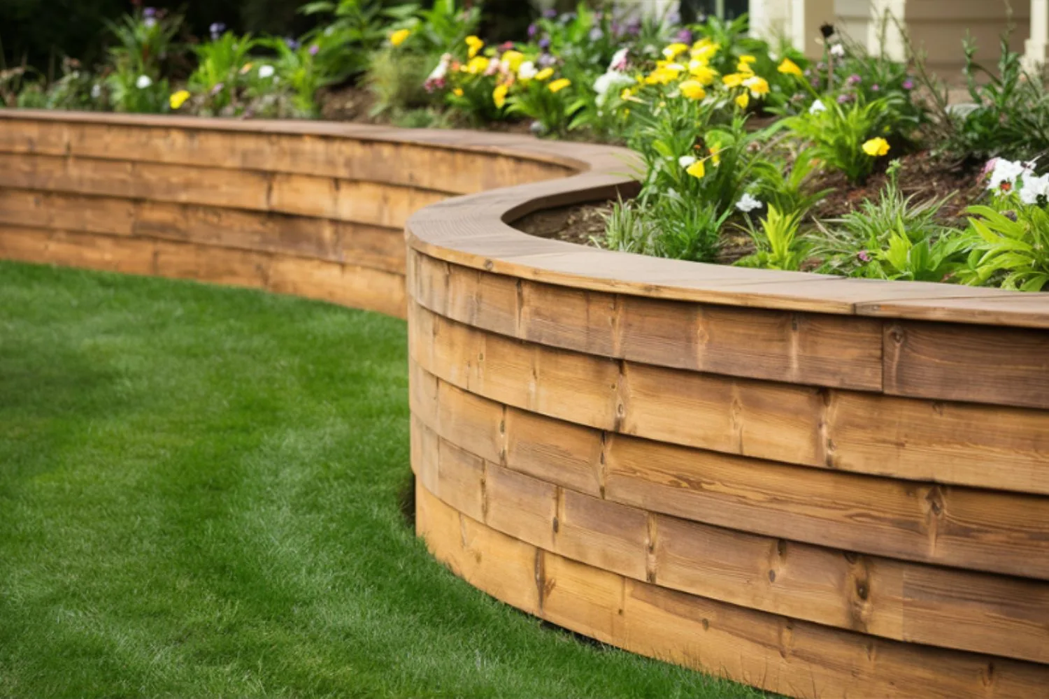 Timber retaining wall wrapping a gravel driveway and side yard
